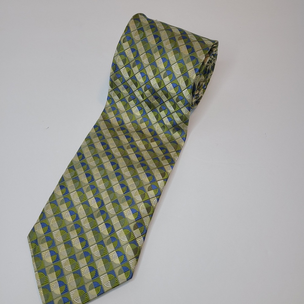 Privado Mens 100% Silk‎ Tie Geometric Olive Handmade